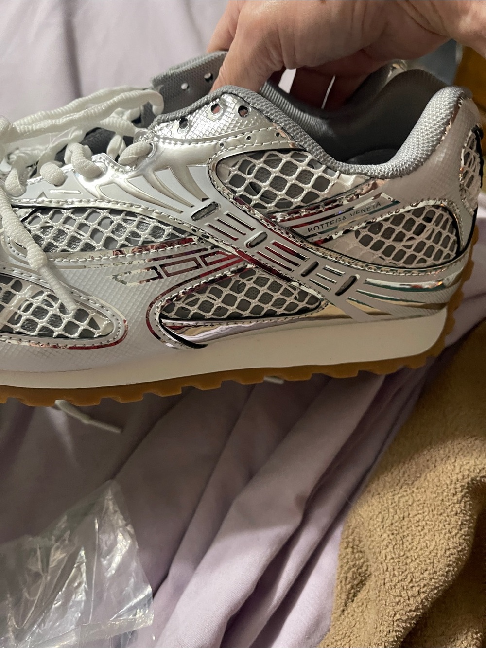 Knock off Bottega Veneta White & Silver Women's Athletic Sneakers - Picture 7 of 7